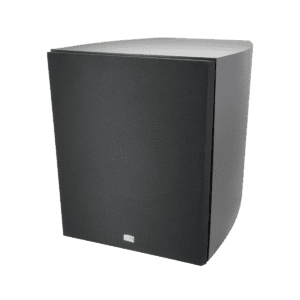 Black subwoofer speaker against black background.