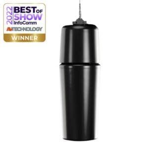 Black acoustic speaker with award badge.