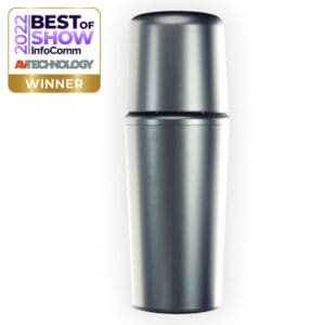 Award-winning cylindrical silver object on display.