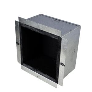 Metallic rectangular vent box with open front.