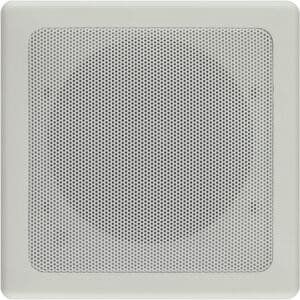 Square ceiling speaker with perforated grill.