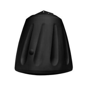 Black plastic compost bin, conical shape.