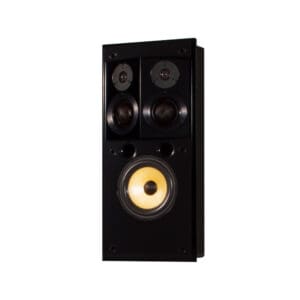 Black rectangular speaker with yellow woofer.