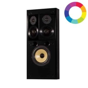 Black speaker with colorful circular logo.