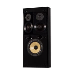 Black speaker with multiple audio drivers.