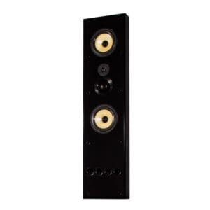 Black vertical speaker with multiple drivers.