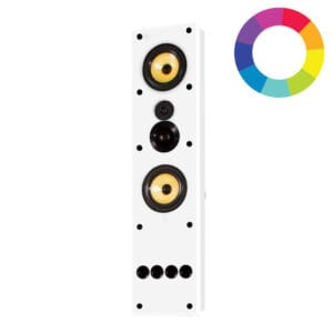 White speaker with colorful circle logo.