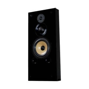 Black wall-mounted speaker with multiple drivers.