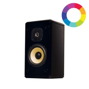 Black speaker with colorful circle logo.