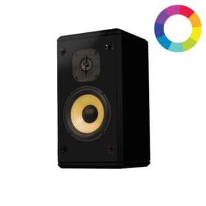 Black speaker with colorful ring graphic.