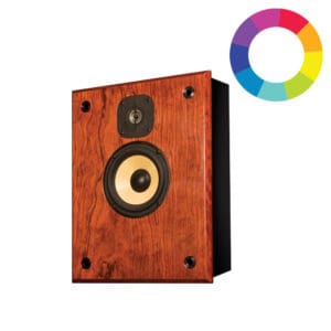 Wooden speaker with a colorful circle logo.