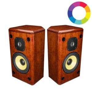 Wooden speakers with colorful circle logo.