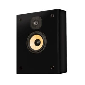 Black wall-mounted speaker with yellow cone.