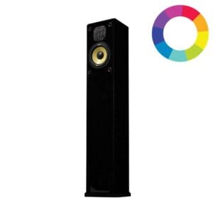 Black floor-standing speaker with colorful circle icon.