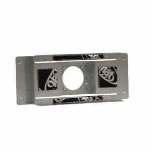 Metal bracket with circular cutout and design.