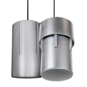 Hanging silver cylindrical speakers with cables.