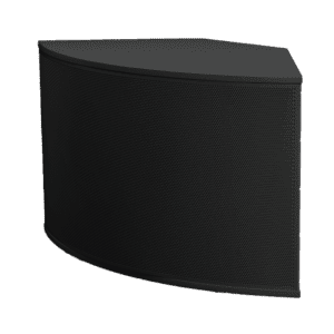 Black, curved speaker against black background.