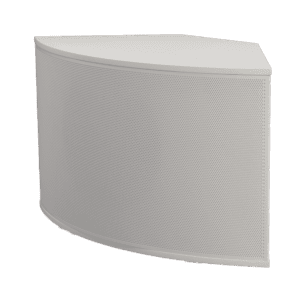 White curved corner speaker on black background.