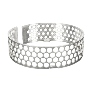 Silver perforated metal bracelet on black background.