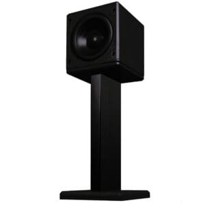 Black speaker on a tall stand.