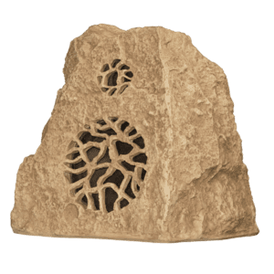 Rock-shaped speaker with carved patterns.