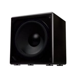 Black subwoofer speaker on white background.