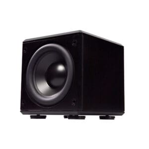 Black subwoofer speaker on white background.