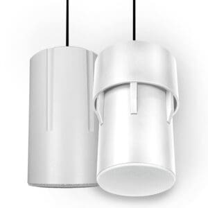 Hanging white cylindrical acoustic panels with cables.