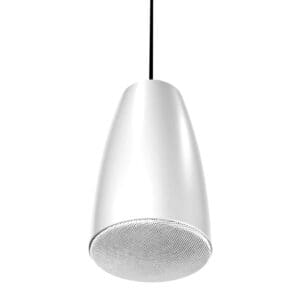 Hanging white pendant speaker with black cord.