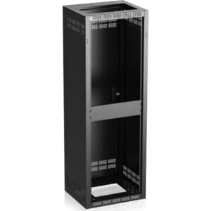 Black server rack cabinet, empty and open.