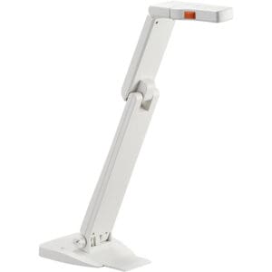 Adjustable white document camera on stand.