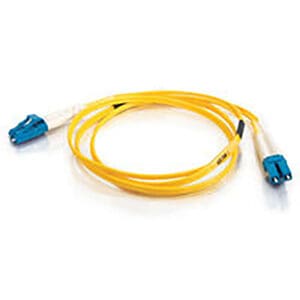 Yellow fiber optic cable with blue connectors.