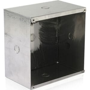 Metal electrical box with open front.