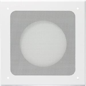 White square ceiling speaker with perforated grille.