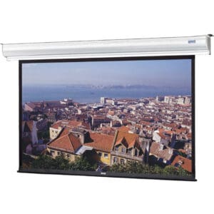 Projector screen displaying a cityscape view.