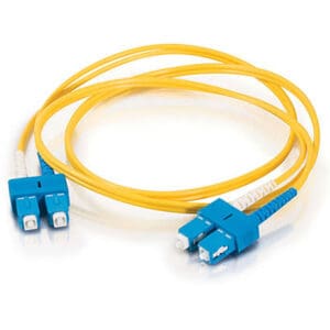 Yellow fiber optic cable with blue connectors.