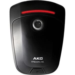 Wireless microphone base with red indicator light.