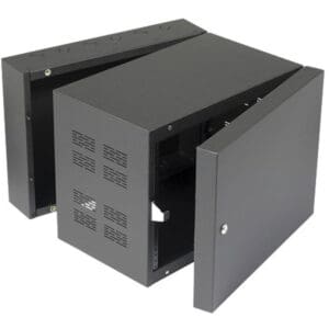 Black metal server rack with open doors.