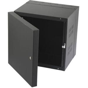 Black metal cabinet with open door.