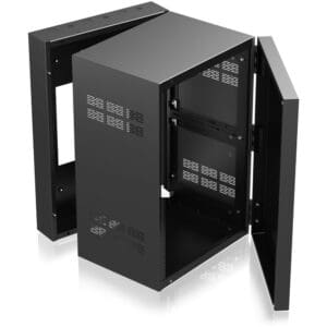 Open black wall-mounted server rack cabinet.