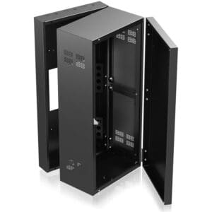 Black wall-mounted server rack with open doors.