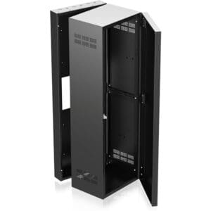 Black metal server rack with open doors.