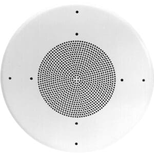 Ceiling-mounted round white speaker with holes.