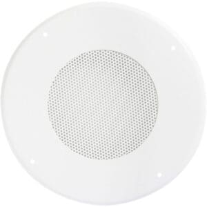 White ceiling-mounted round speaker.