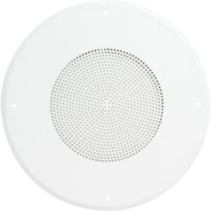 Round white ceiling speaker with perforated grille.