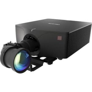 Black digital projector with colorful lens.