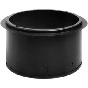 Black cylindrical metal duct connector piece.