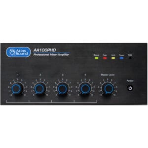 Professional mixer amplifier with control knobs.