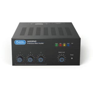 Black professional mixer amplifier with controls.