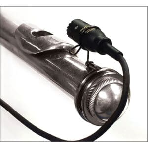 Microphone attached to a silver flute.